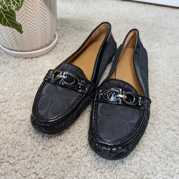 Coach Shoes - COACH Fortunata Emblem Buckle Black Signature Driving Loafers